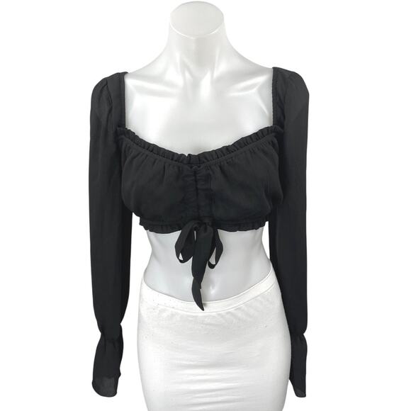Tiger Mist Black Long Sleeve Ruffle Ruched Tie Back Blouse Crop Top Size M - Picture 1 of 3